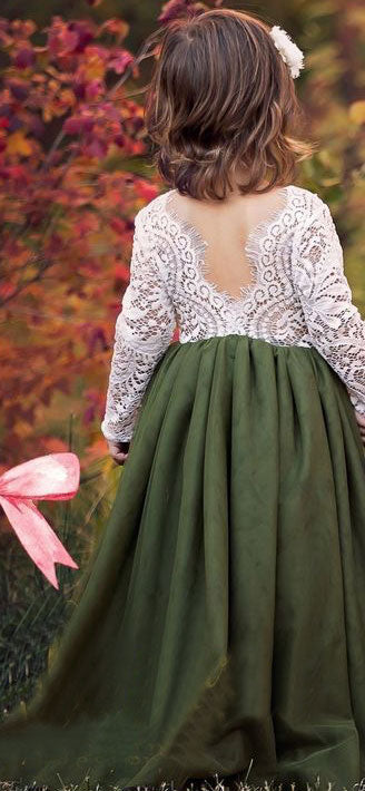 Olive Green Floor Length Flower Girl Dresses with Sleeves Olive Green Floor Length Flower Girl Dresses with Sleeves