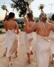 Load image into Gallery viewer, Spaghetti Straps Silk Tea Length Bridesmaid Dresses