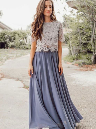 Two Piece Long Bridesmaid Dresses with Lace Top