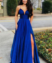Load image into Gallery viewer, Spaghetti Straps Split Side Royal Blue Long Prom Dresses Under 100