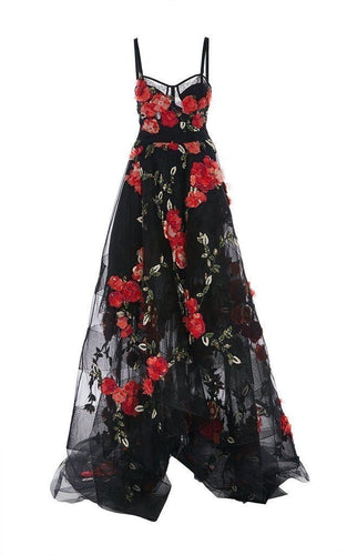 Spaghetti Straps Black Tulle Garden Prom Dresses with Flowers