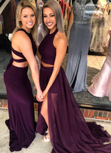 Load image into Gallery viewer, Two Piece Wine Prom Dresses Long Chiffon