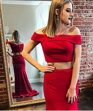Load image into Gallery viewer, Two Piece Red Prom Dresses Mermaid Bateau