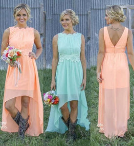 Country Hi Low Bridesmaid Dresses with Lace Appliques