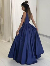 Load image into Gallery viewer, Deep V Neck Dark Royal Blue Prom Dresses with Pockets