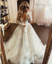 Charger l'image dans la galerie, Deep V Neck Wedding Dresses Bridal Gown with Lace Appliques