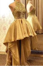 Cargar imagen en el visor de la galería, Hi Low Gold High Neck Prom Dresses