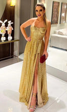 Charger l'image dans la galerie, Gold Sequins Prom Dresses with Slit Side Corset