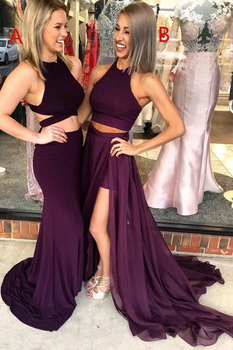 Two Piece Wine Prom Dresses Long Chiffon