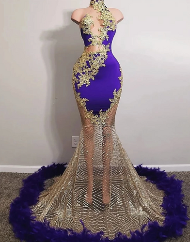 High Neck Mermaid Prom Dresses Sparkly Gold Tulle