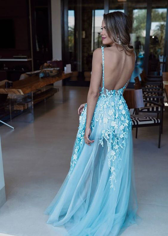 open lace back dress Spaghetti Straps Ice Blue Pants Prom Dresses with Appliques