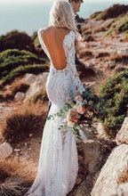 Charger l'image dans la galerie, V Neck Lace Backless Wedding Dresses Bridal Gown