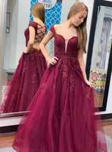 Charger l'image dans la galerie, Cap Sleeves Prom Dresses Tulle with Lace Appliques