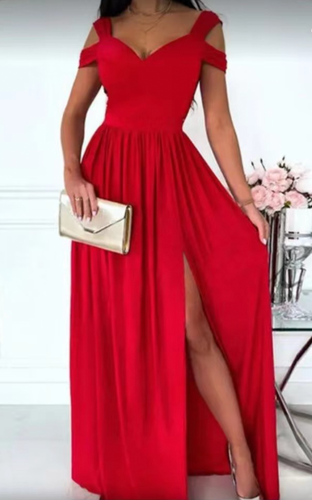 Red Prom Dresses Slit Side Off Shoulder Chiffon