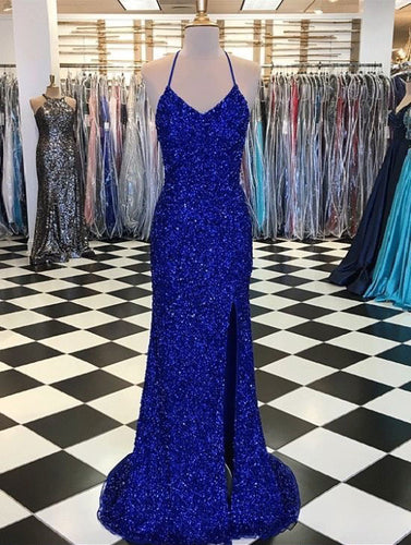 Halter Royal Blue Split Side Long Prom Dresses for Women