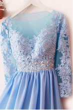 Charger l'image dans la galerie, Sheer Neck Prom Dresses Blue Prom Gown with Lace