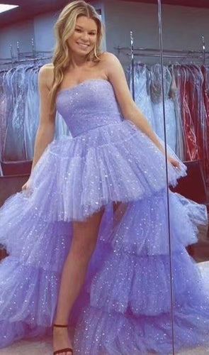 Sparkly Prom Dresses Hi Low Lavender Strapless