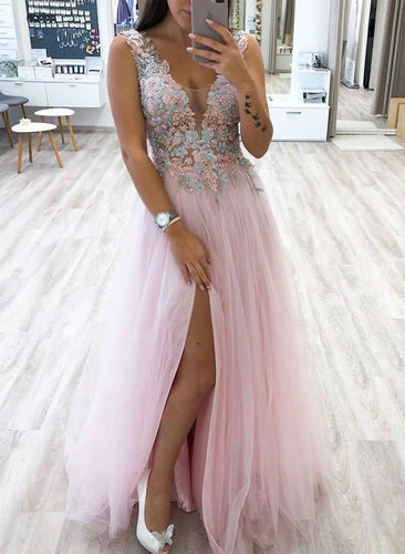 V Neck Tulle Prom Dresses with Appliques Lace