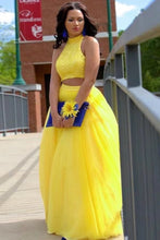 Load image into Gallery viewer, Two Piece Prom Dresses Yellow Top with Lace
