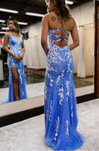Load image into Gallery viewer, V Neck Prom Dresses Slit Side Lace Evening Gown