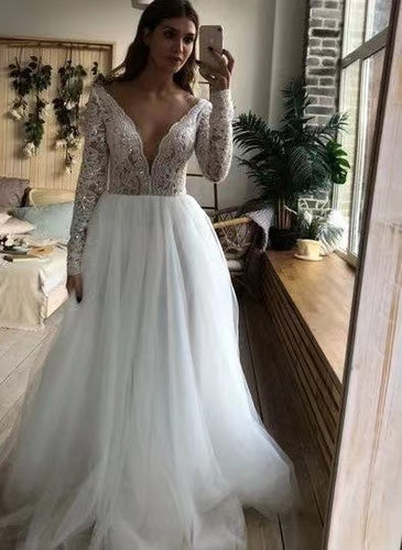 V Neck Wedding Dresses Bridal Gown with Sleeves