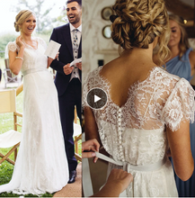 Charger l'image dans la galerie, V Neck Wedding Dresses Bridal Gown with Short Sleeves Lace