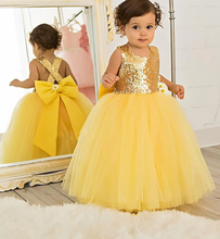 Load image into Gallery viewer, Mustard Yellow Short Flower Girl Dresses Sequins Criss Cross
