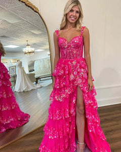 Fuchsia Straps Prom Dresses Slit Side