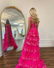 Load image into Gallery viewer, Fuchsia Straps Prom Dresses Slit Side