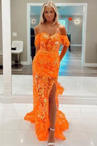 Orange Prom Dresses Long Sparkly Lace