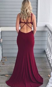 Burgundy V Neck Prom Dresses Criss Cross Spandex