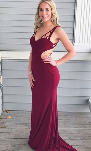 Burgundy V Neck Prom Dresses Criss Cross Spandex