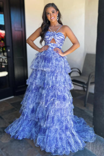 Blue Print Prom Dresses Halter with Handmade Flowers
