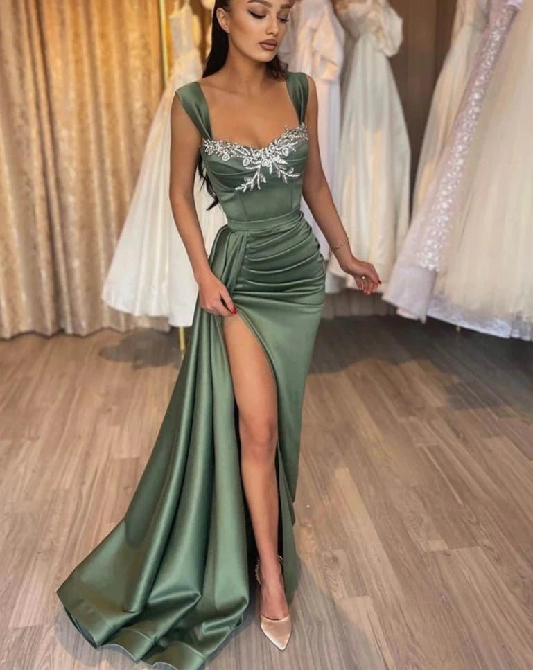 Straps Prom Dresses Sage Slit Side with Beading