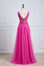 Charger l&#39;image dans la galerie, V Neck Prom Dresses Fuchsia Floor Length Corset