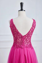 Load image into Gallery viewer, V Neck Prom Dresses Fuchsia Floor Length Corset