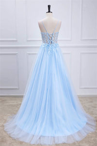 Sky Blue Prom Dresses Tulle with Lace