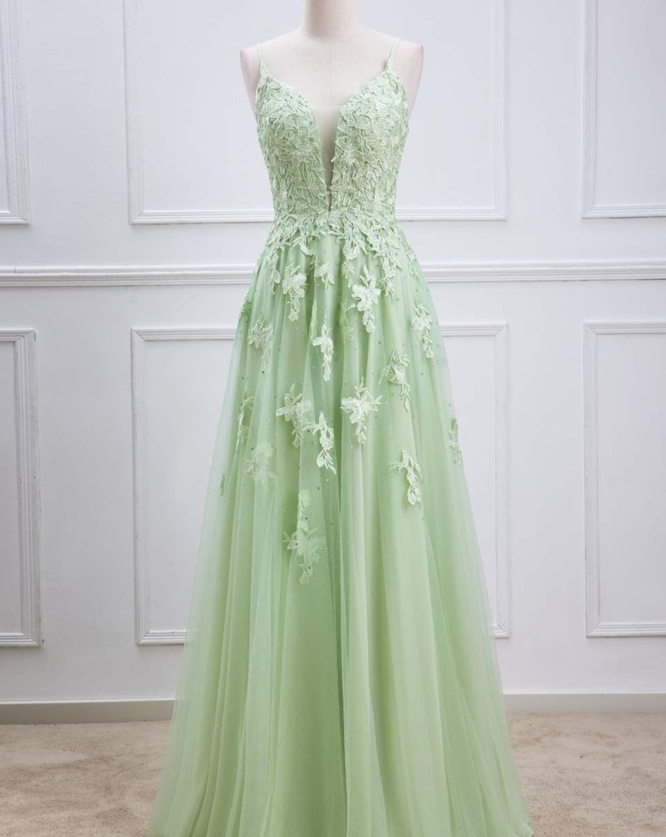 Sage Green Prom Dresses with Appliques Lace