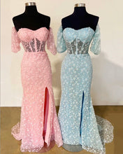 Laden Sie das Bild in den Galerie-Viewer, Prom Dresses Pink Lace Slit Side Floor Length