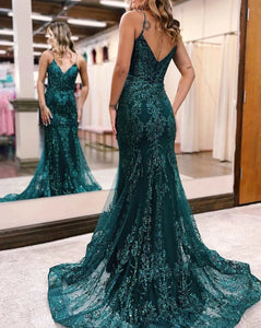 Forest Green Prom Dresses with Appliques Lace
