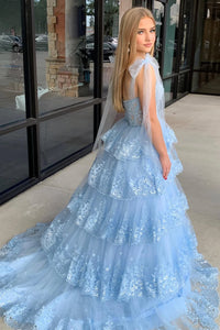 Sky Blue Prom Dresses Long with Appliques