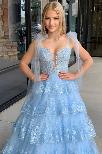 Sky Blue Prom Dresses Long with Appliques