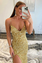Laden Sie das Bild in den Galerie-Viewer, Gold Prom Dresses Long Sequin with Slit Side