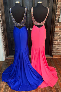 V Neck Prom Dresses Royal Blue Spandex