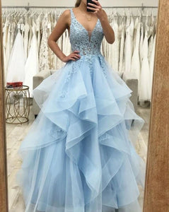 V Neck Prom Dresses Sky Blue with Appliques