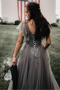 V Neck Prom Dresses Grey Floor Length with Beading