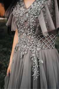 V Neck Prom Dresses Grey Floor Length with Beading