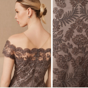 Lace dress with detailed embroidery and close-up of lace pattern on a beige background