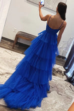 Laden Sie das Bild in den Galerie-Viewer, Blue Print Prom Dresses Halter with Handmade Flowers