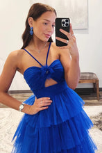 Load image into Gallery viewer, Blue Print Prom Dresses Halter with Handmade Flowers